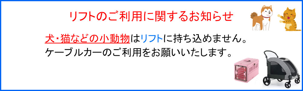 リフトご利用に関するお知らせ　犬・猫などの小動物はリフトに持ち込めません。ケーブルカーのご利用をお願いいたします。